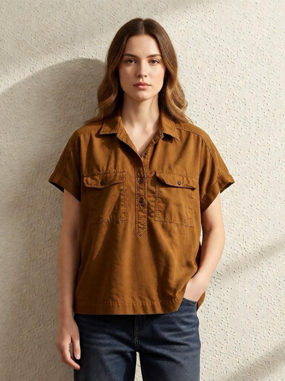 Universal Thread Rust Brown Short-Sleeve Shirt with Pockets